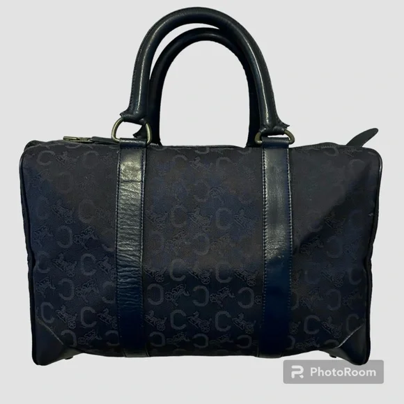 CELINE Authentic Vintage C Macadam Navy Blue Canvas Leather Trim Boston Bag Tote - Picture 3 of 17